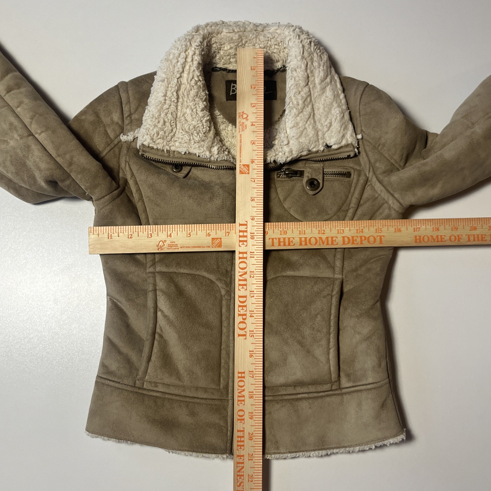 Big Chill Sherpa Lined Faux Suede Jacket Size S Tan Short Aviator Style Coat