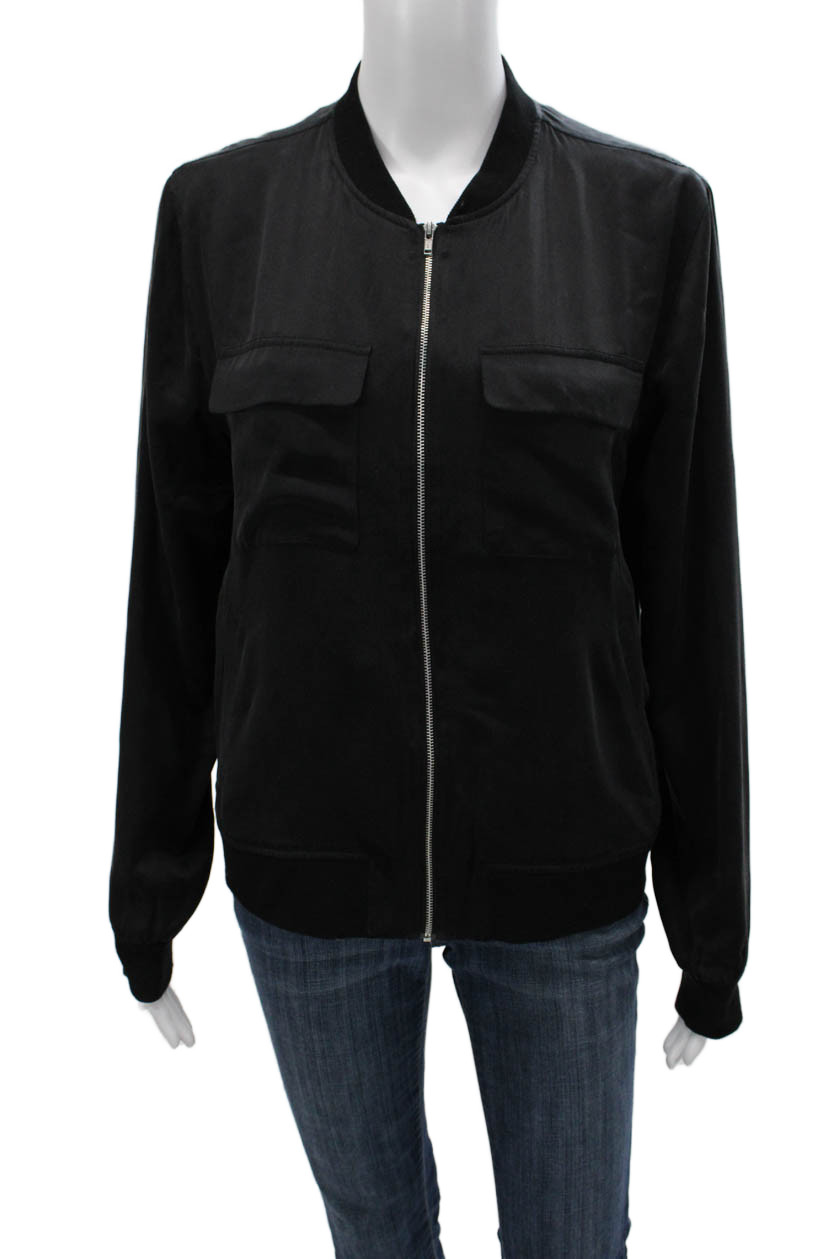 Equipment Femme Women Bomber Jacket Silk Black Long Sleeve Zip Petite Size S