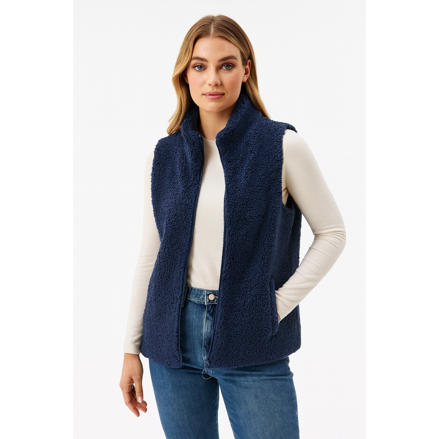 Susan Graver Weekend Vest Womens Petite Small Blue Sherpa Fleece Warm Winter