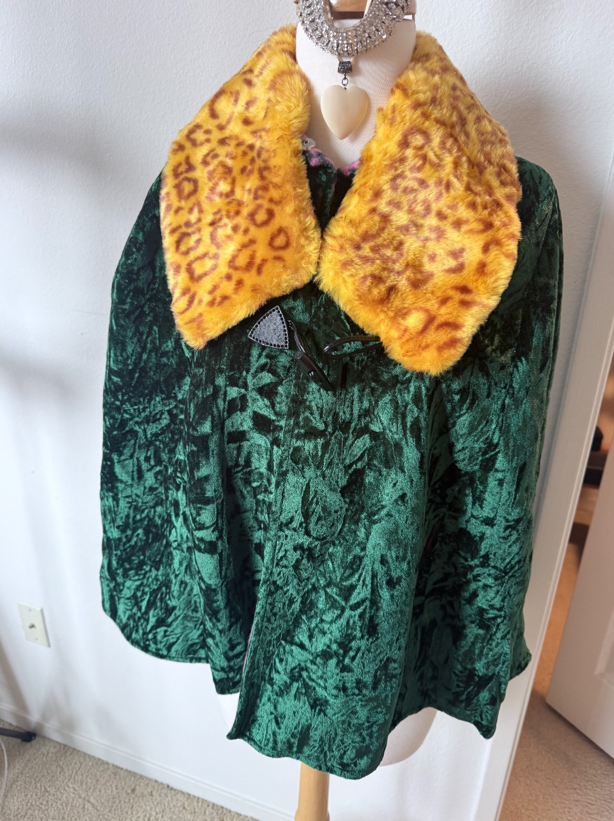 Women’s Handmade Green Velvet Cape w/Golden Fur Collar