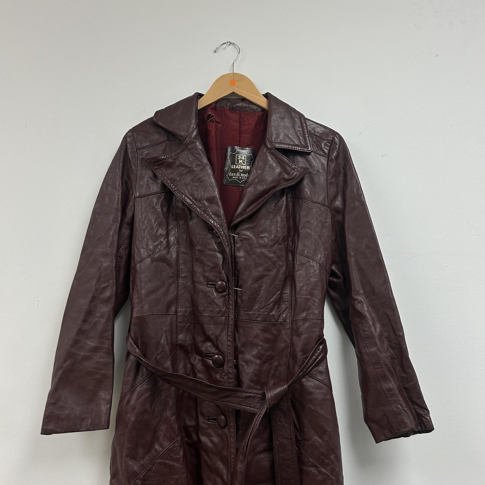 Vintage Dan Di Modes Coat Womens Small Brown Leather Long Trench Belted