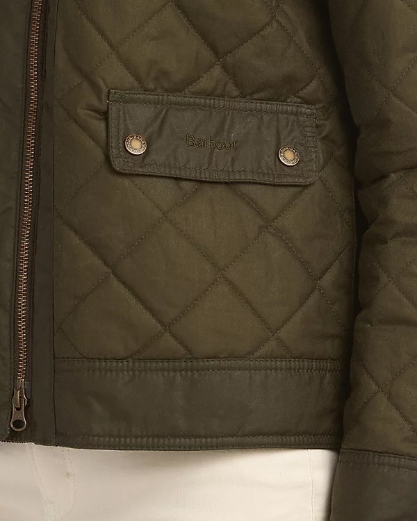 Barbour GLENCOE Green Waxed Quilted Zip Up Faux Fur Collar Bomber JACKET 18