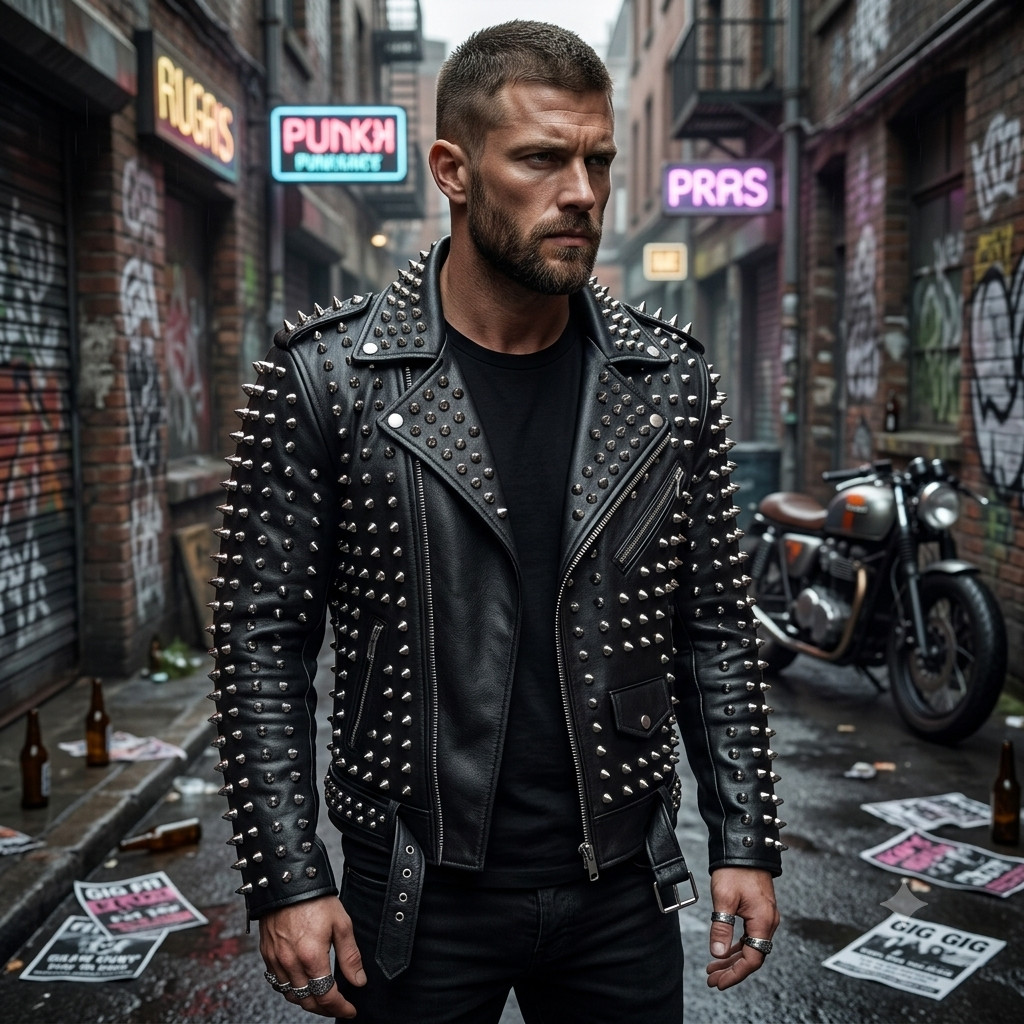 Men Black Studded Leather Motorcycle Jacket Punk Spike Rock Heavy Metal Coat
