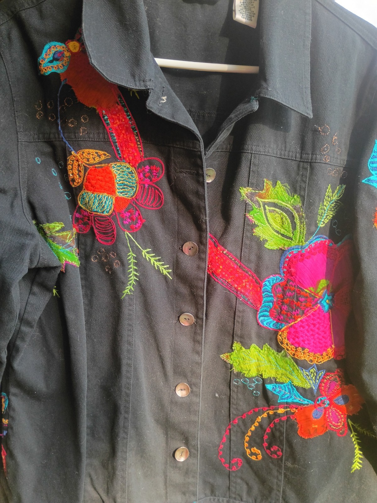 Laura Ashley Jacket Womens Large Black Embroidered Colorful Floral Artsy Boho