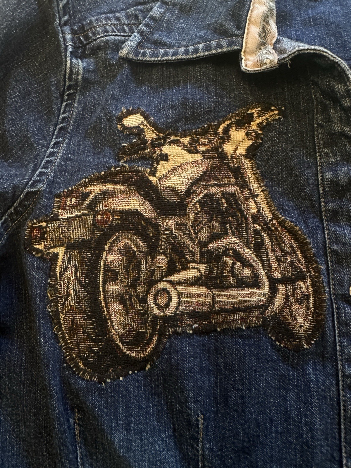 Vtg Y2K GAP Womens Motorcycle Brocade Appliqué Up Cycled Trucker Denim Shacket M