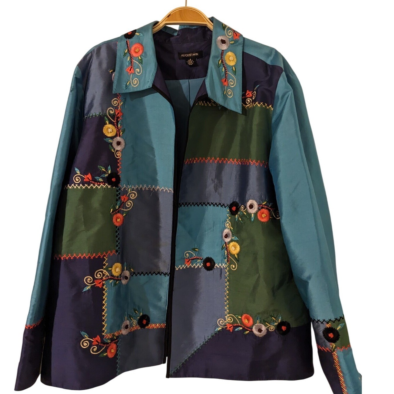 August Max Colorful Patchwork Embroidered Floral Jacket Coat Artistic Silk Sz 4