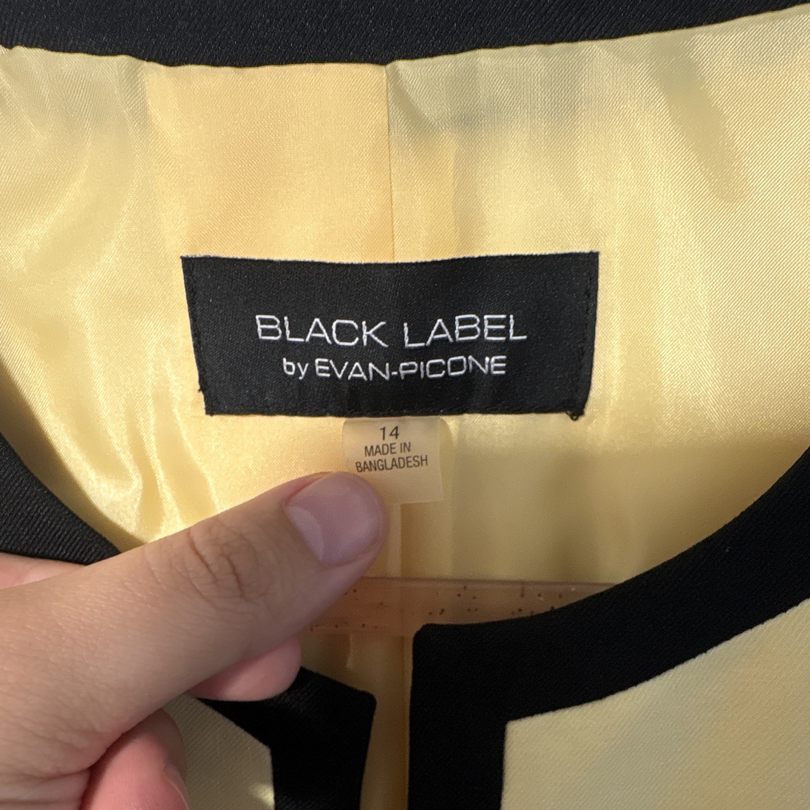 Black Label by Evan-Picone Women’s Yellow Open Front Jacket, Trim, Lined, 14