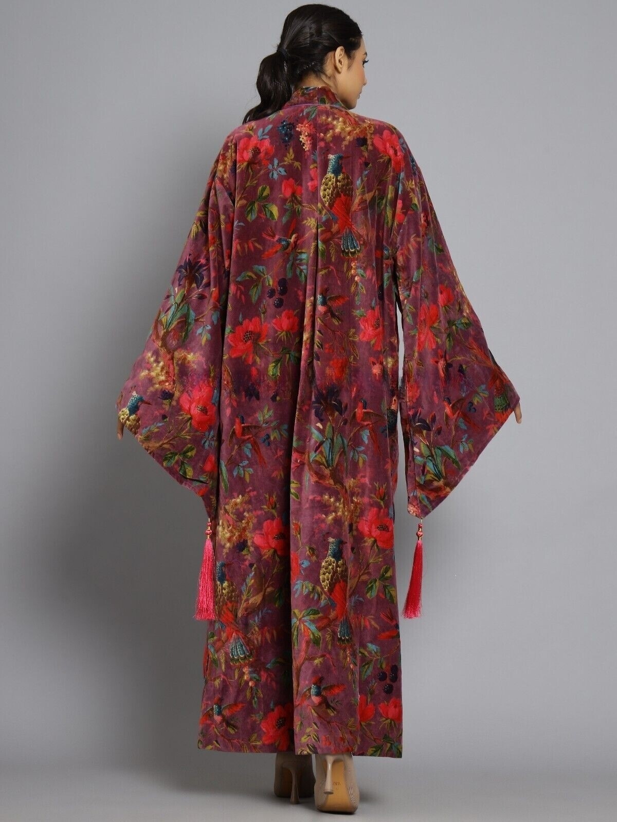 OFMD Maroon Bird Print Velvet Banyan Kimono Original OFMD Break Up Robe Jacket