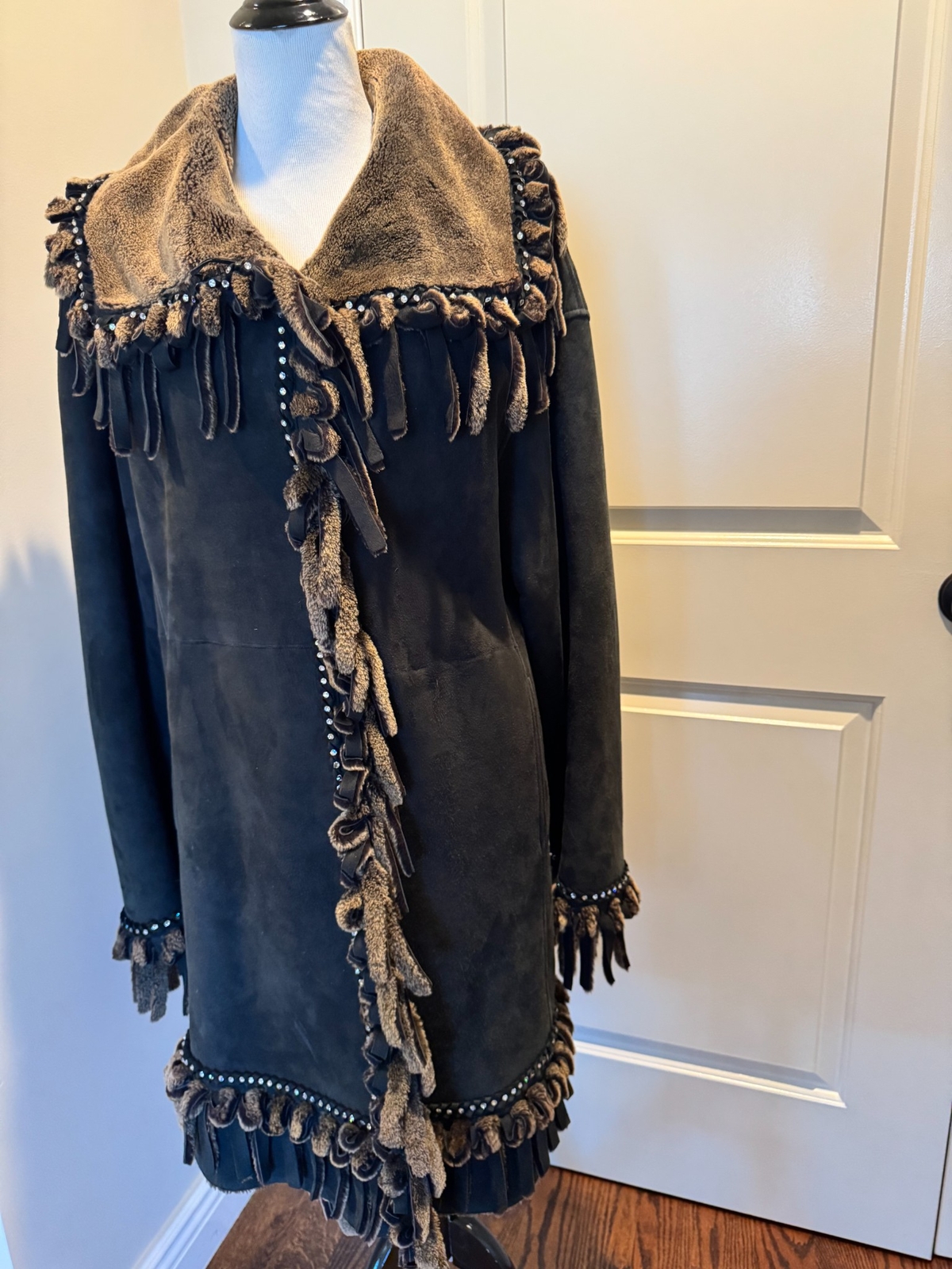 Sinclair Charcoal Gray Suede Shearling Coat Fringes SZ IT 44/US 10 EUC