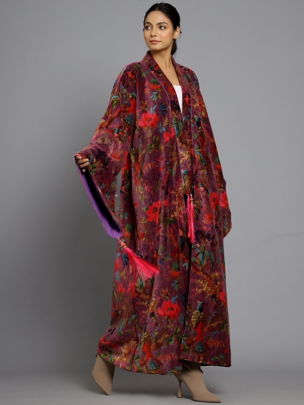OFMD Maroon Bird Print Velvet Banyan Kimono Original OFMD Break Up Robe Jacket