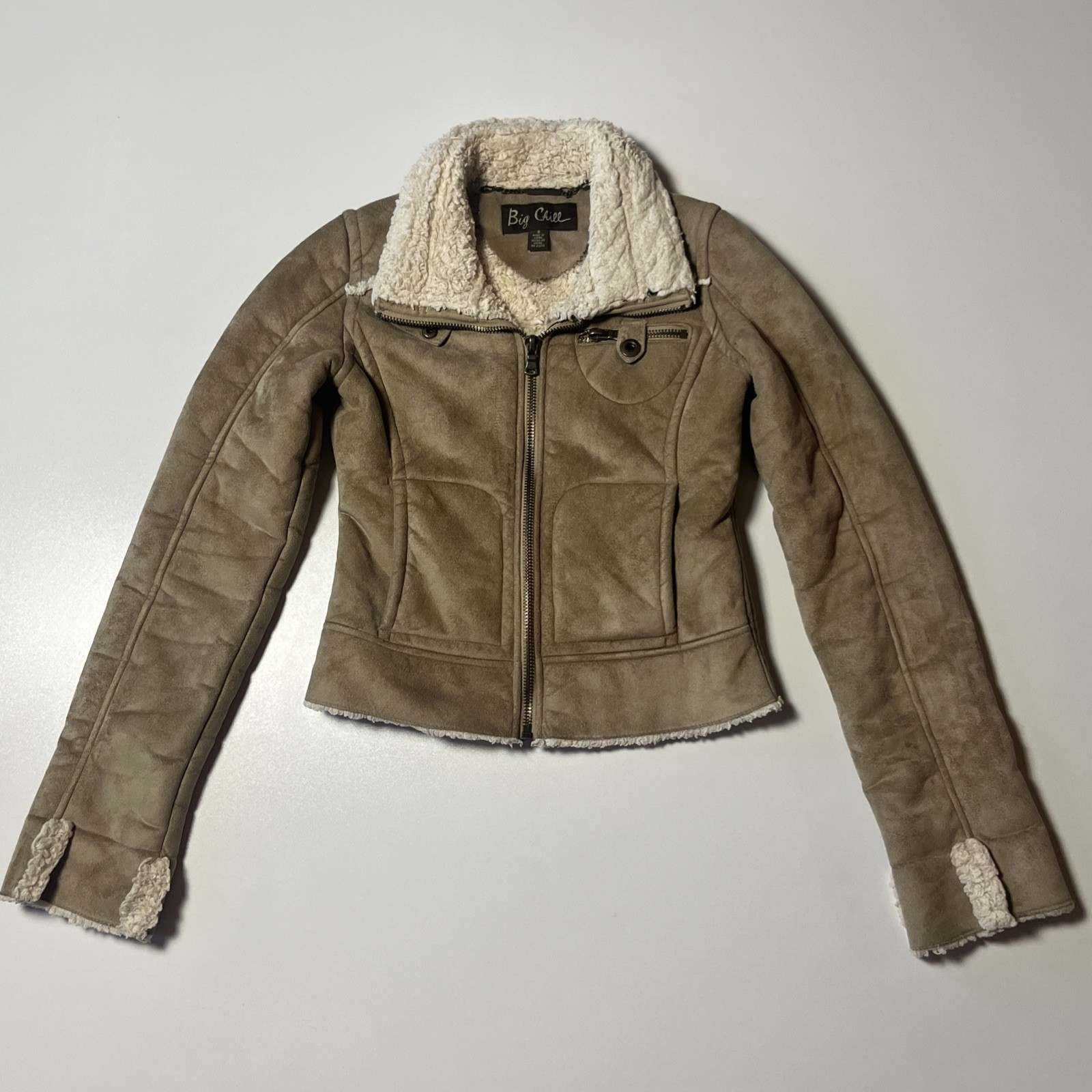 Big Chill Sherpa Lined Faux Suede Jacket Size S Tan Short Aviator Style Coat