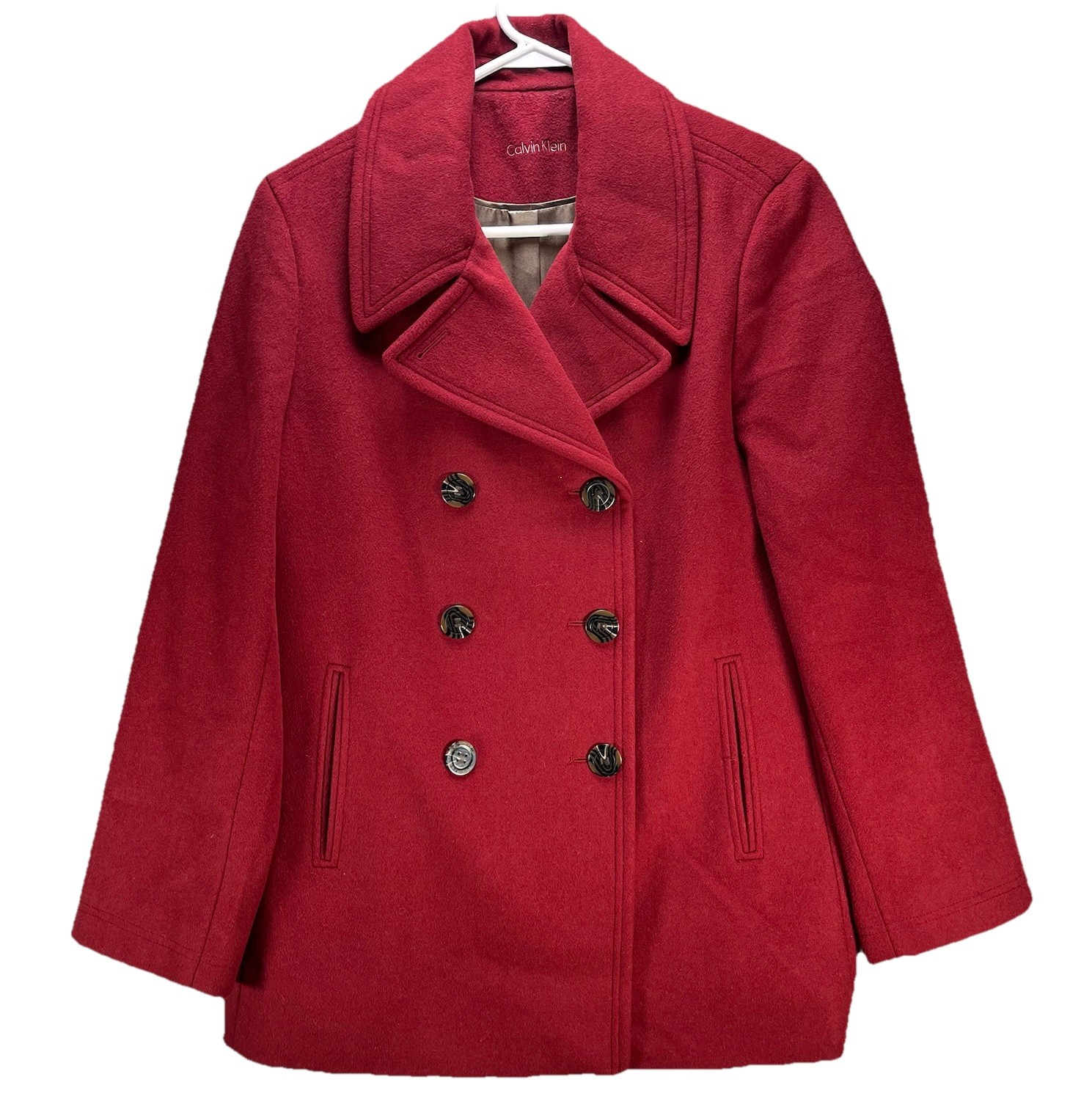 Calvin Klein Peacoat Womens Large Red Wool Cashmere Blend Double Breasted Coat
