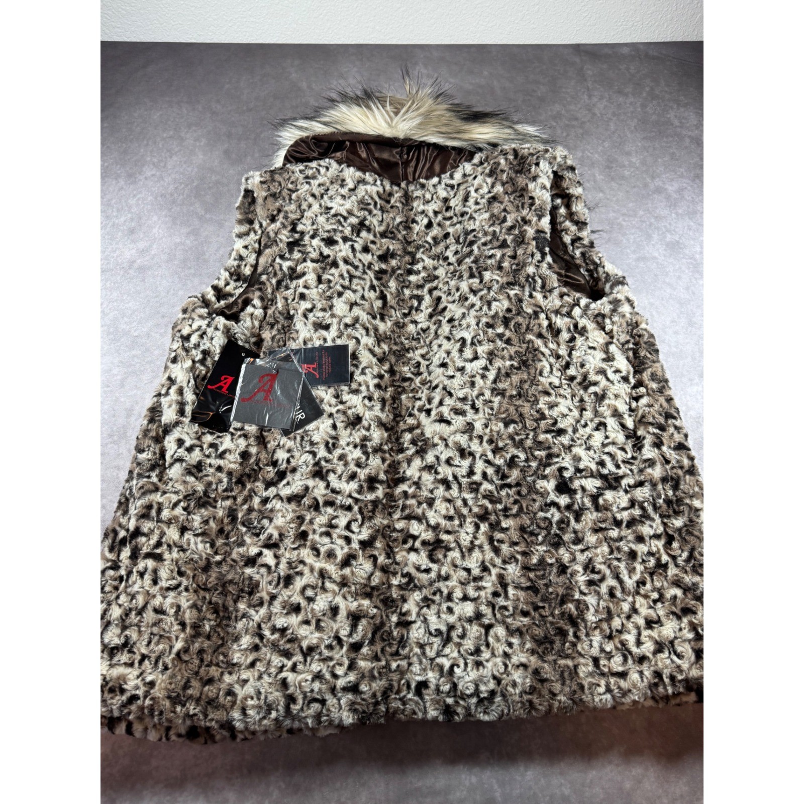 Adrienne Landau Faux Fur Vest Animal Print Oversized Collar Brown 1X NWT
