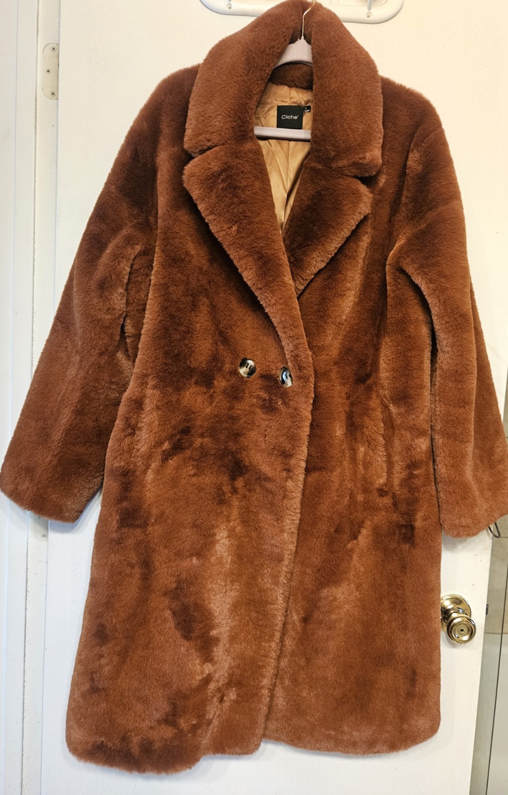 CLICHE FAUX FUR SIZE LARGE RUST OVERSIZE COAT POCKETS NEW SOFT ELEGANT
