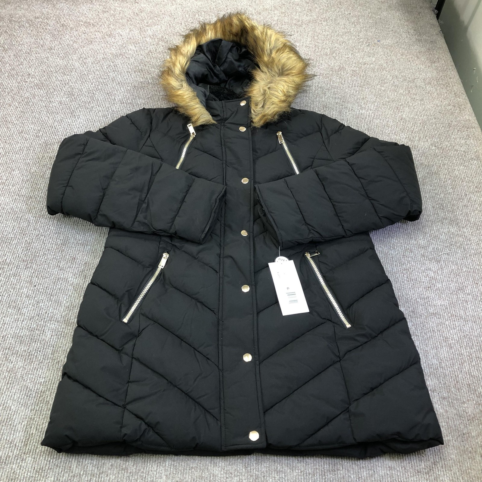 Maralyn & Me Puffer Coat Womens L Black Hooded Faux Fur Gold Zip Quilted 6318ME