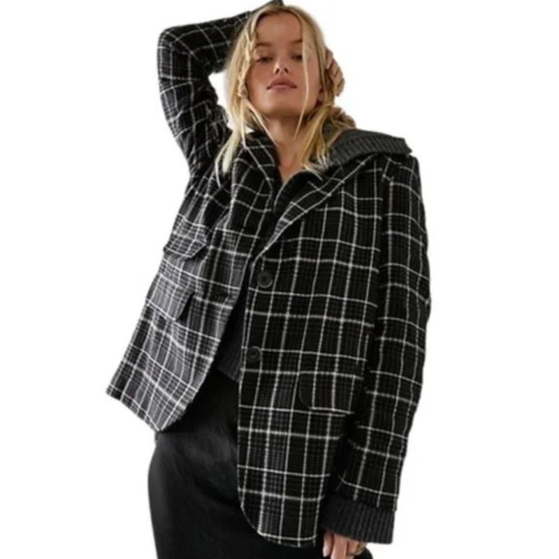 FREE PEOPLE JACKET L BLAZER OVERSIZED CHECK GINGHAM ACADEMIA GRUNGE EDGY