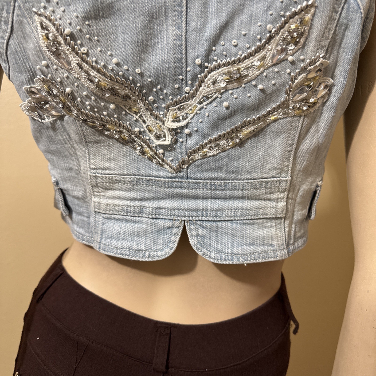 Women’s Sky Blue Cotton Denim Casual Boho Stretch Slim Beaded Tied Size S Vest