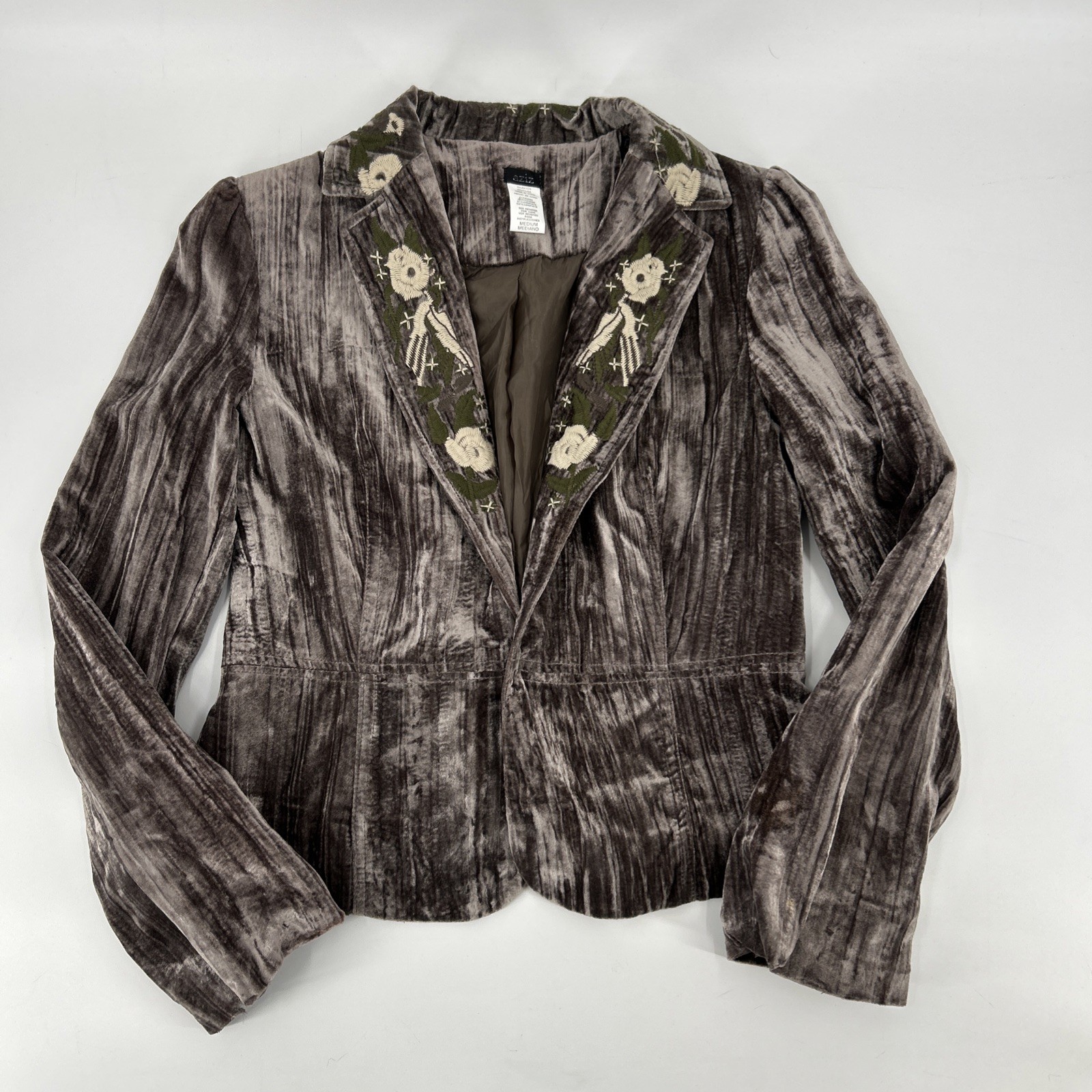 Vintage Y2K Aziz Velvet Blazer Womens Size M Gray Embroidered Floral