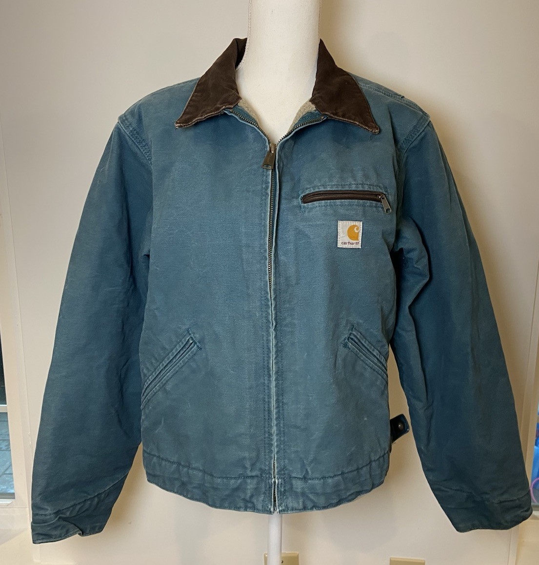 Vintage Carhartt Sherpa Lined Jacket WJ097 Detriot Teal Brown Collar Medium M