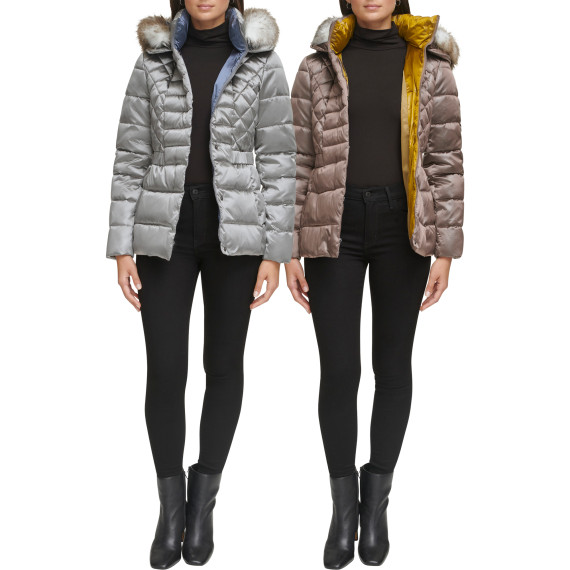 Kenneth Cole Mixed Quilted Metallic Puffer with Faux Fur Trimmed Hood