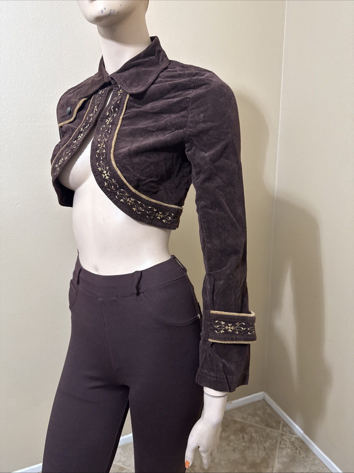 Women’s Brown Cotton Velvet Casual Embroidered Hooks Size L Short Jacket Cape