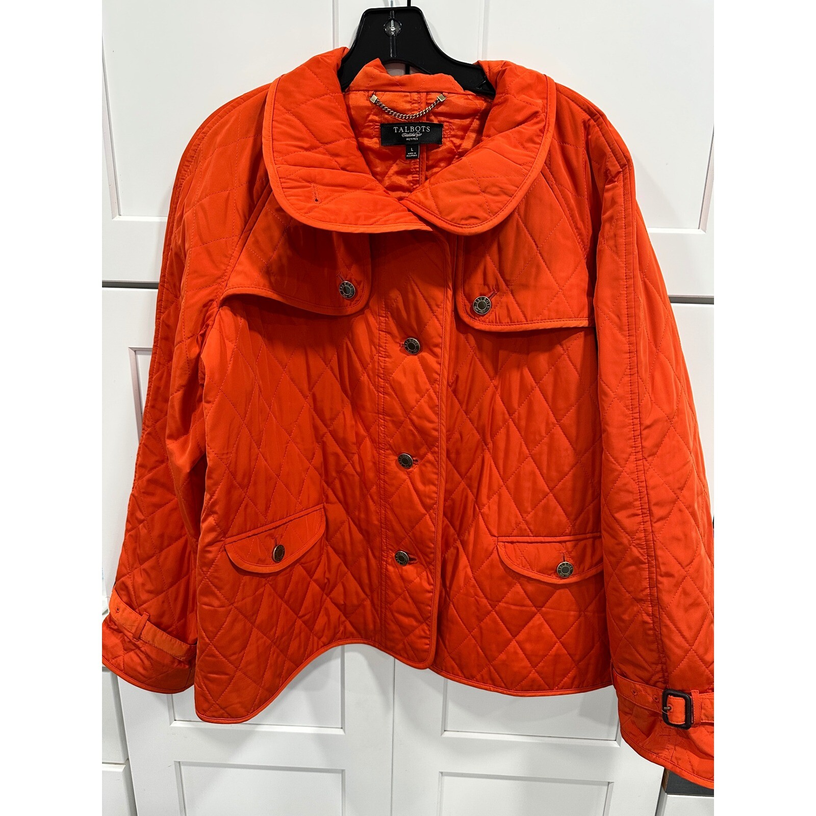 Talbots Quilted Barn Jacket Snap Front Pockets Collared Orange Coat L