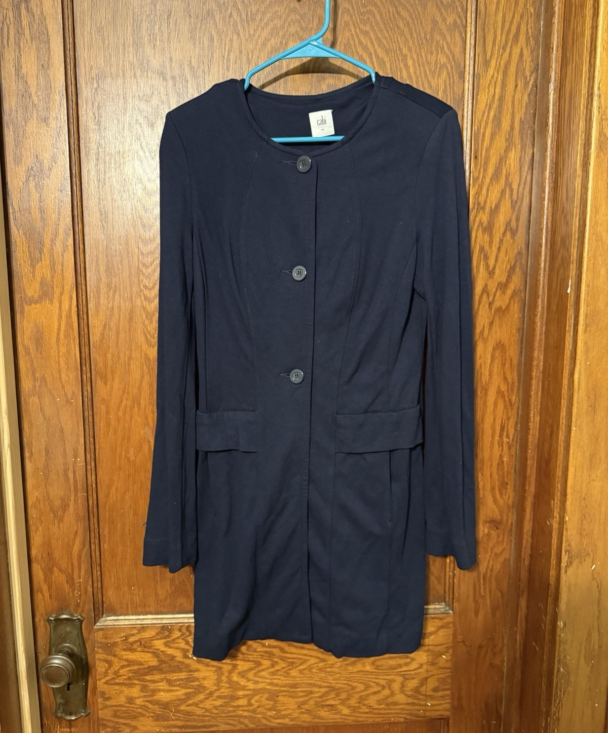 CAbi Women’s Navy Solid Basic Jacket Button Front Pockets Long Sleeve Mid S