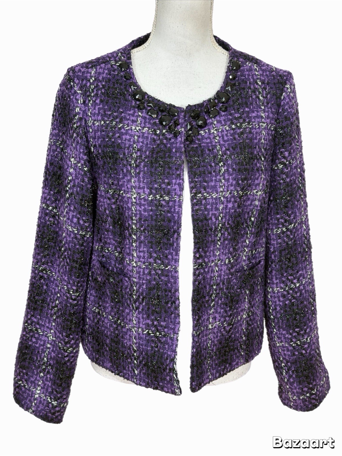 Dressbarn Purple Tweed Open Front Jacket Beaded Neck Lined Size Medium