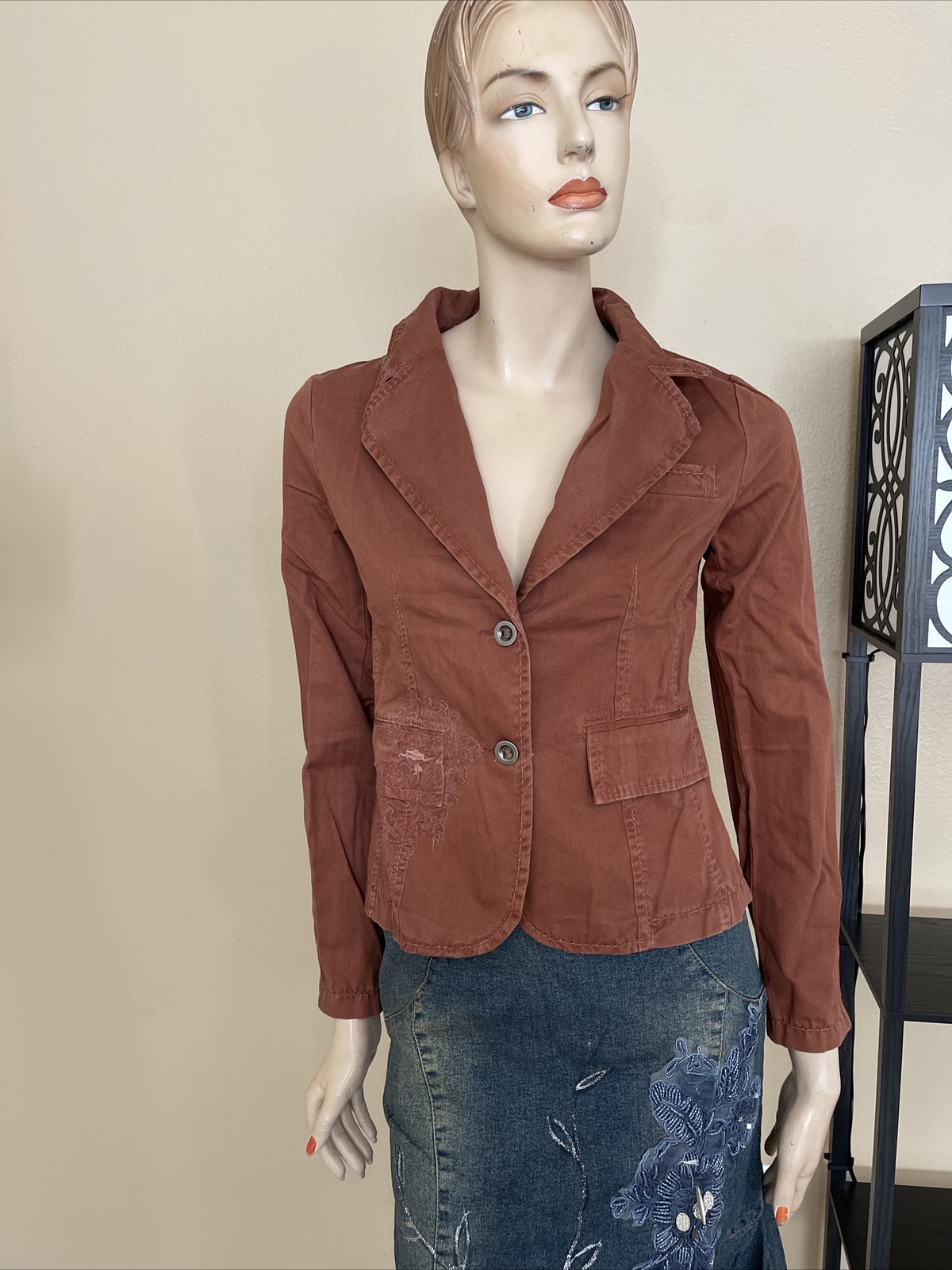 Women’s Brown Cotton Casual Button Metal Embroidered Pocketed Size M Jacket