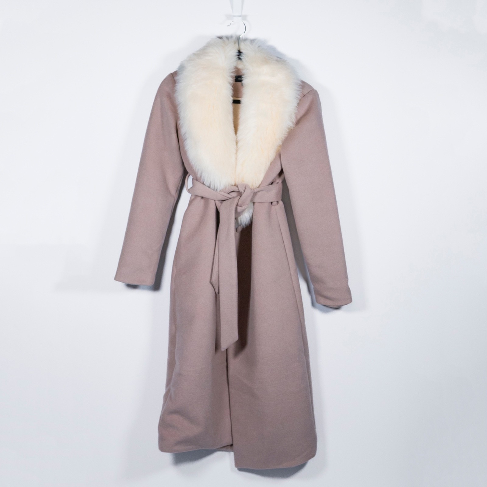 Majorelle Milford Wool Blend Faux Fur Trim Belted Pea Coat Jacket Tan Almond XXS