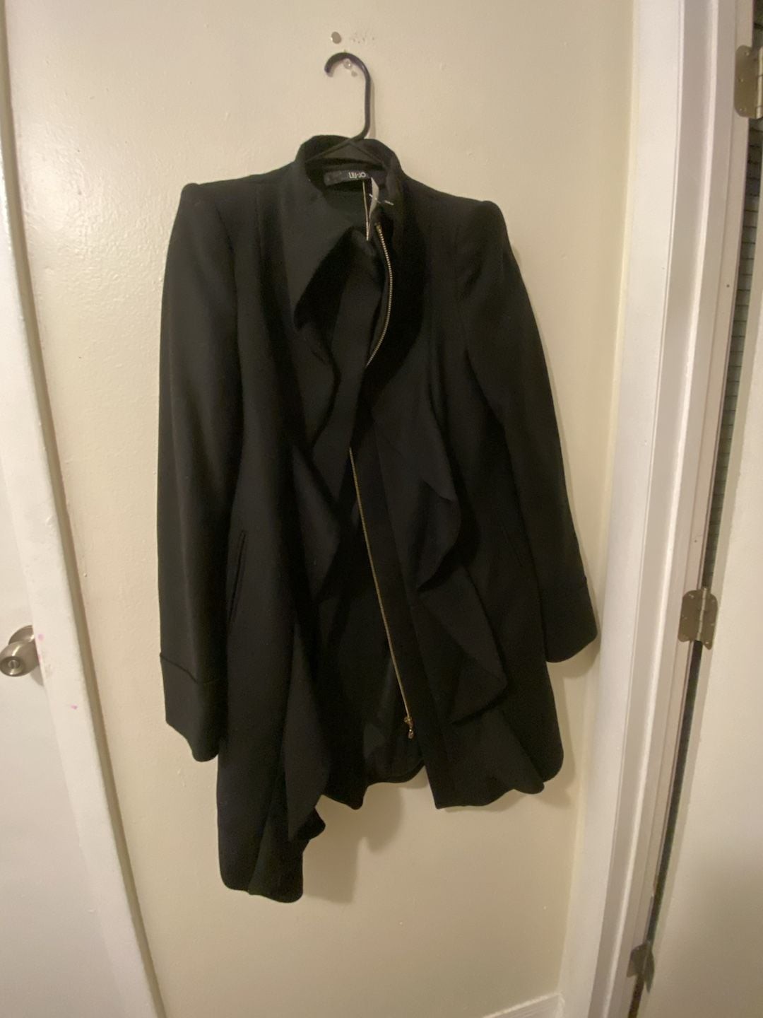 Liu Jo Women’s Black Wool-Blend Asymmetric Ruffle Front Coat