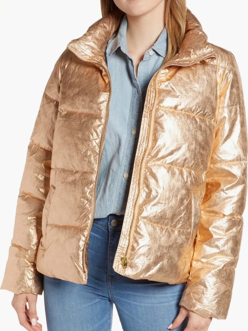 J.Crew Rose Gold Metallic Short Puffer Jacket With Primaloft , NWT, $175, SizeL