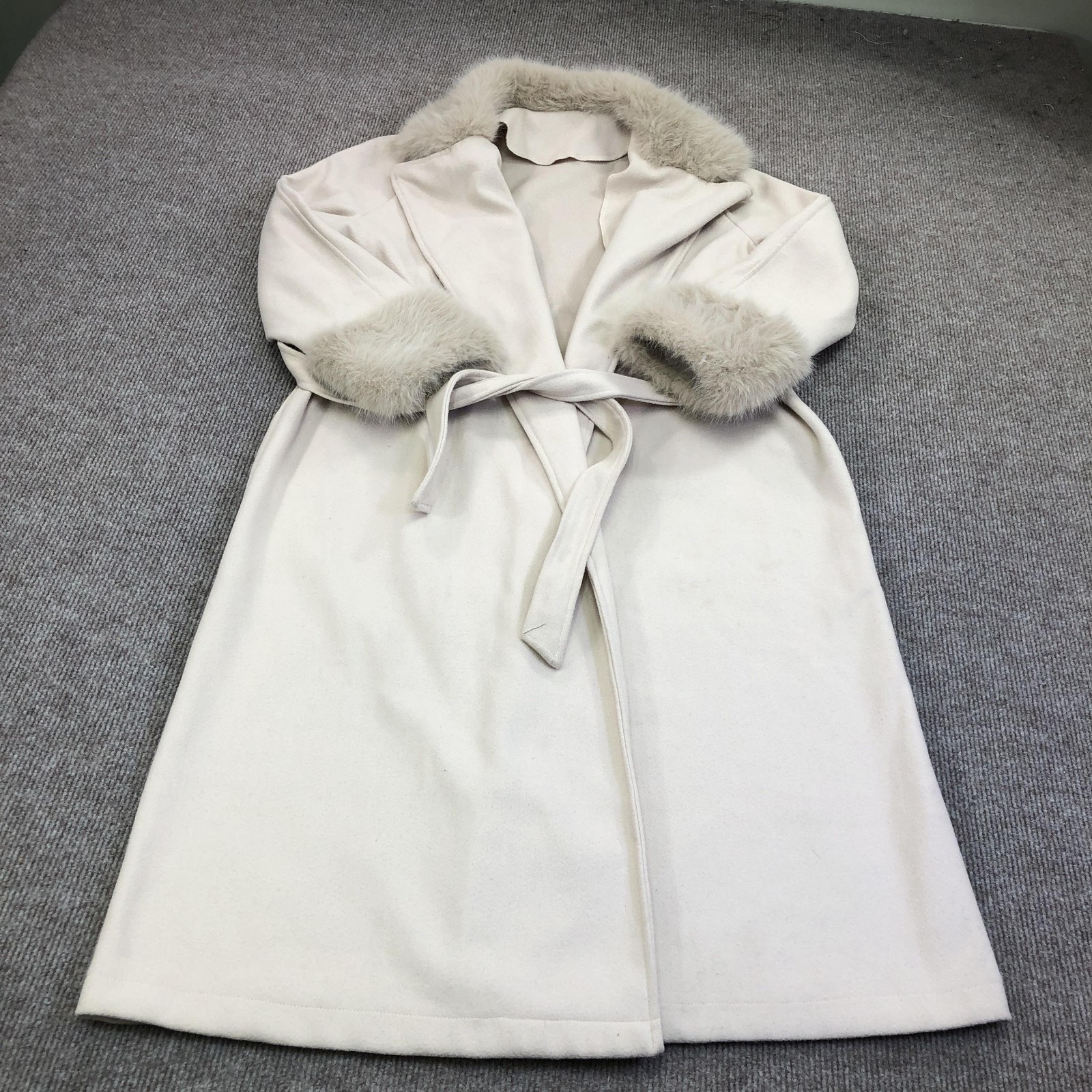 SHEIN Coat Womens L White Faux Fur Collar Cuff Belted Long Overcoat Warm