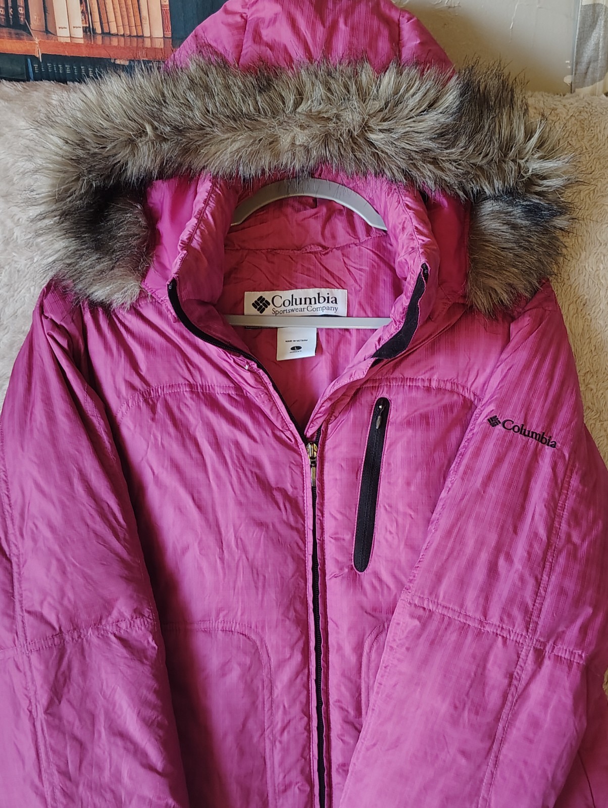 Columbia Jacket Womens Large Pink Plaid DOWN AND FEATHERS Ski Puffer Winter