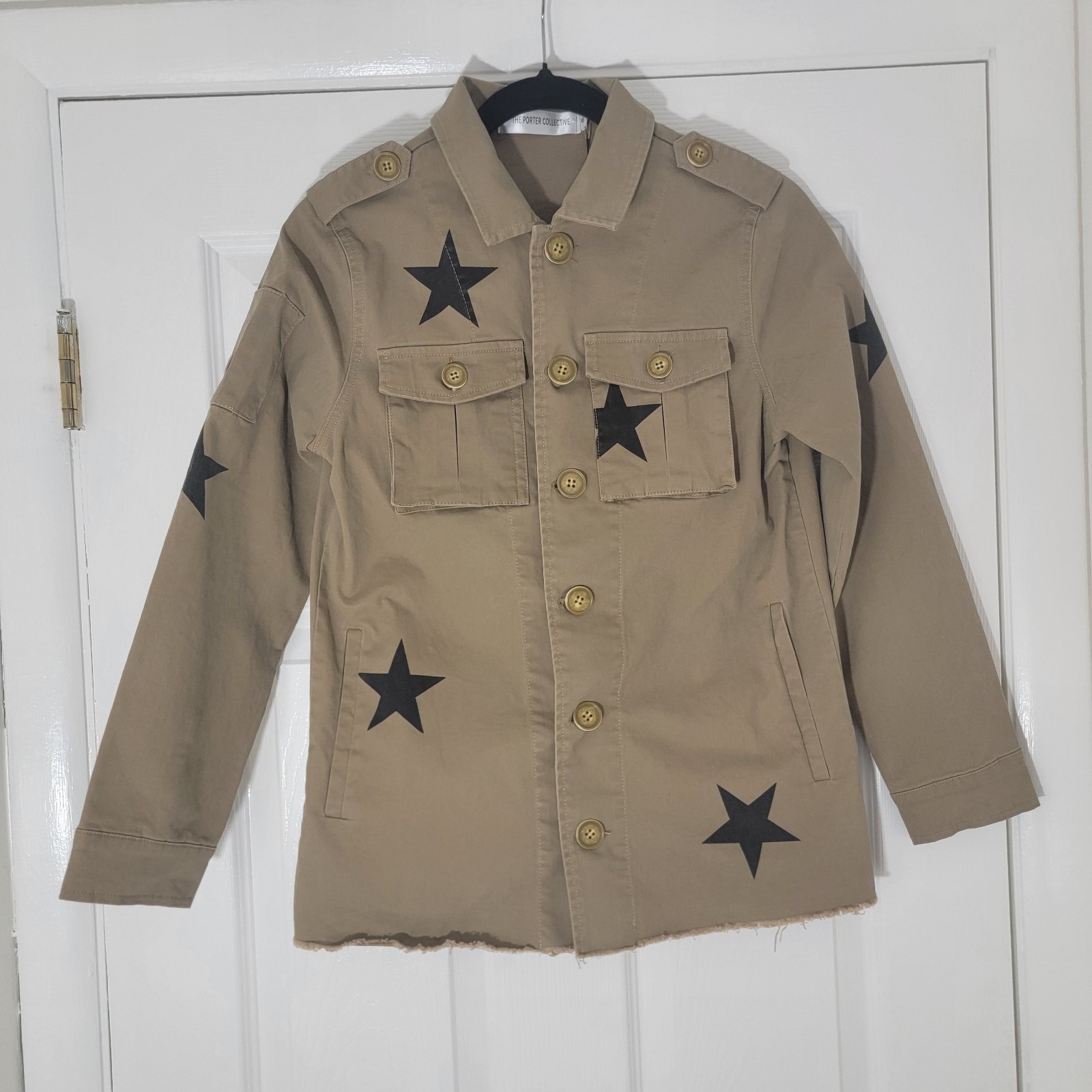 The Porter Collective NEW NWT Canvas Military Jacket Tan Stars Raw Hem Size S