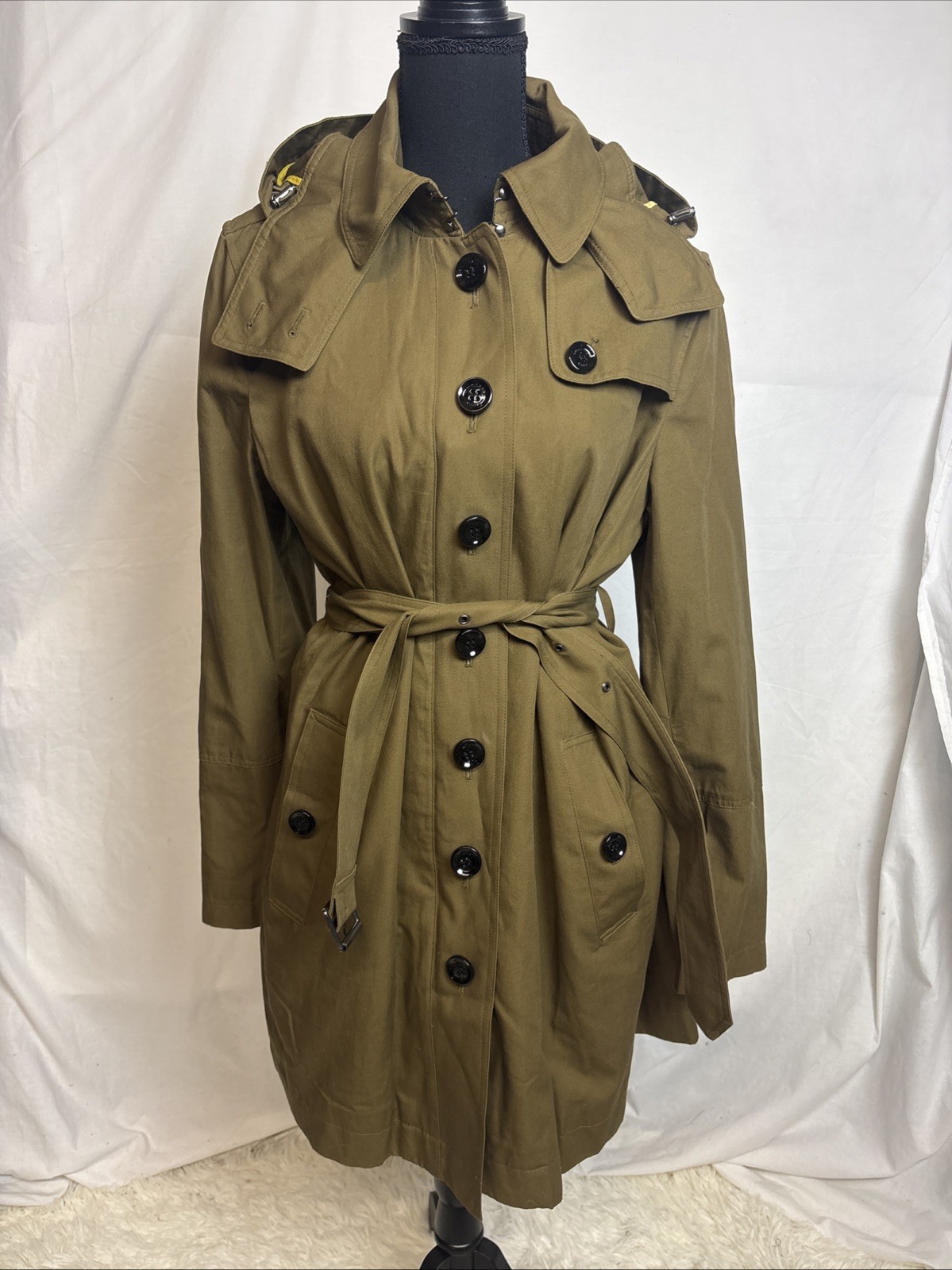 Burberry Brit Olive Green Belted Hooded Trench Coat Size 14