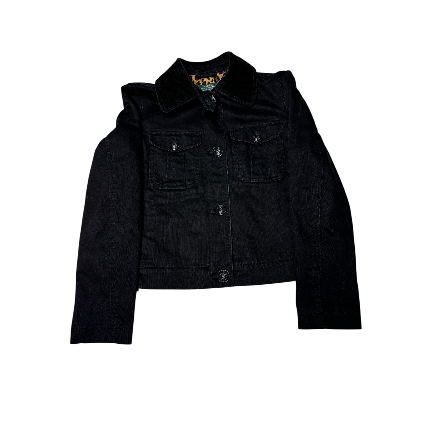 LRL Ralph Lauren Petite Black Corduroy Jacket Leopard Print Lining
