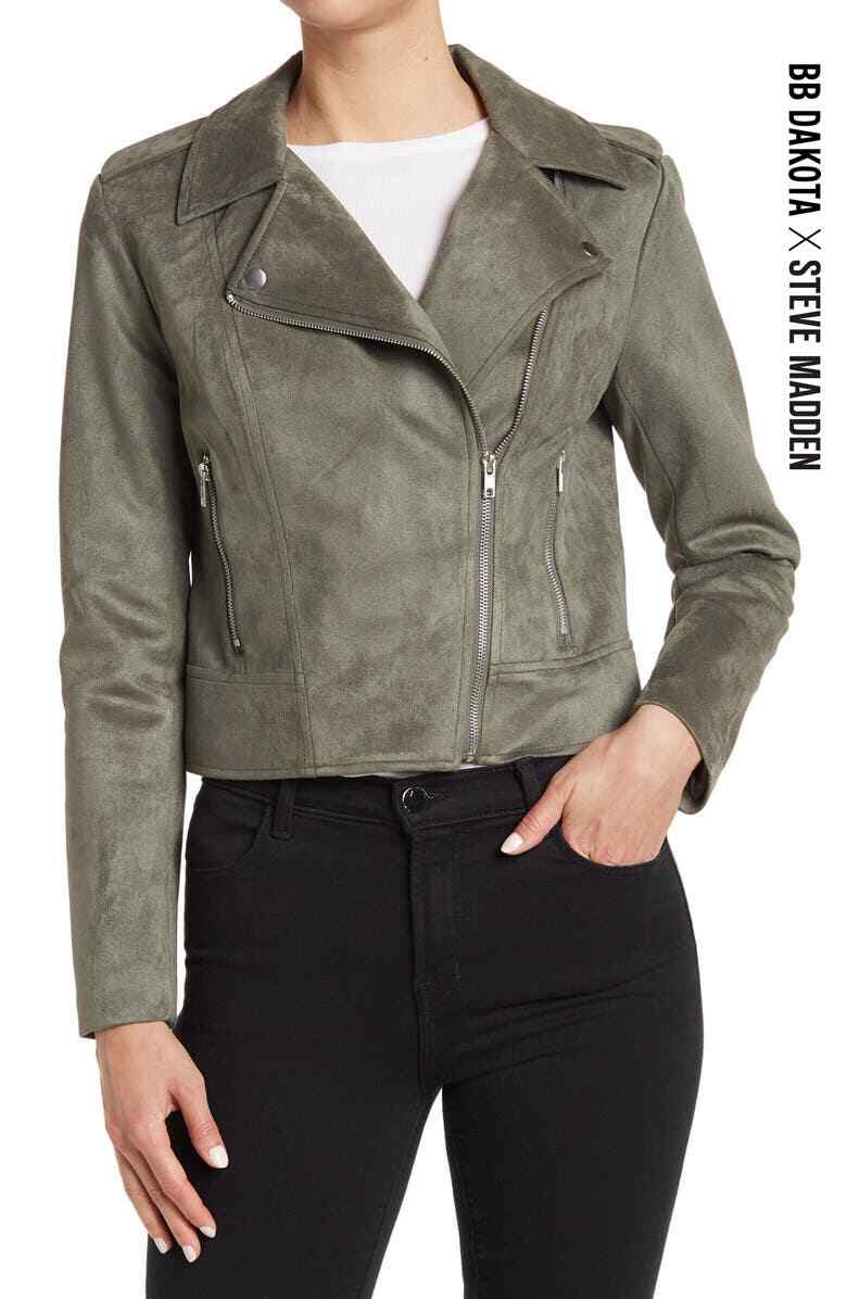 NWT $99 BB DAKOTA BY STEVE MADDEN Women L VEGAN Faux Suede Moto Jacket in Green