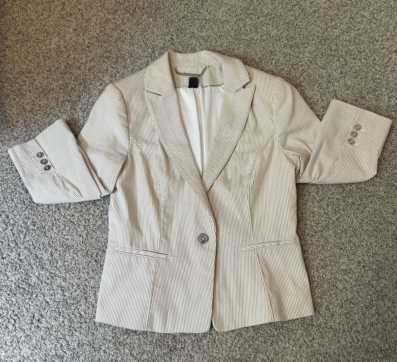 White House Black Market Women’s Beige/White Stripe Blazer Jacket 10 Lined