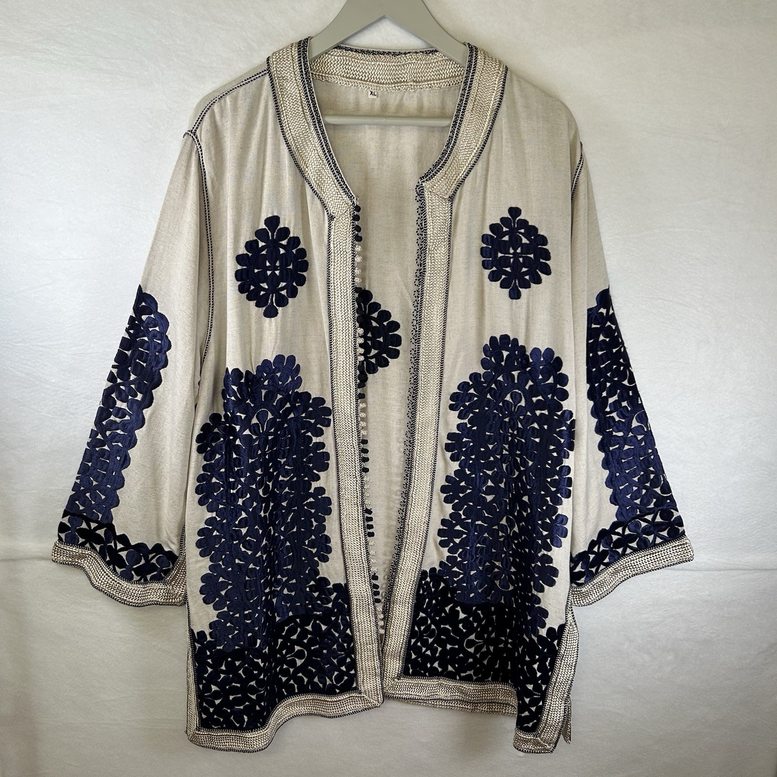 Moroccan Embroidered Jacket Cotton & Silk Button Up Marrakech Beldi Women Sz XL
