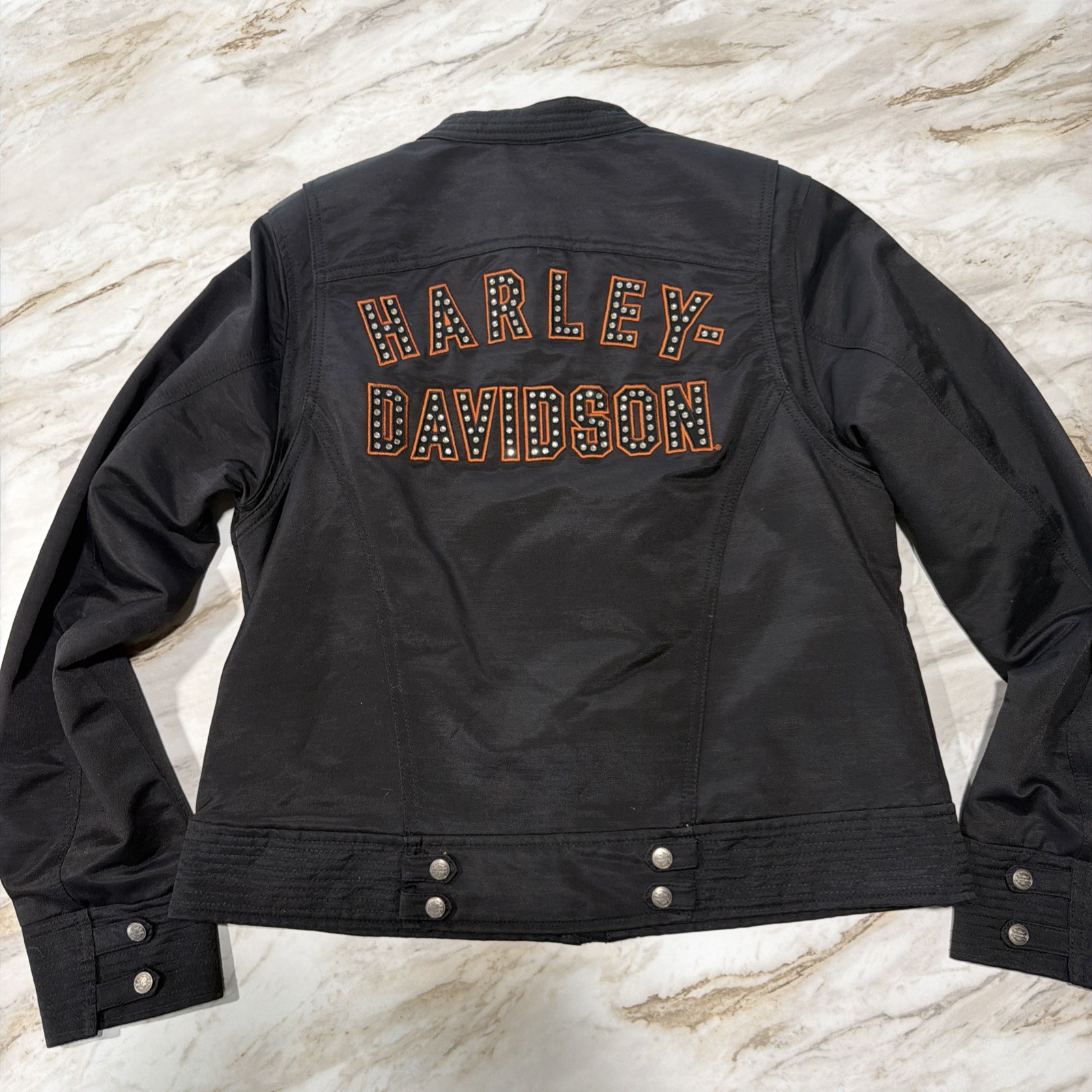 Harley Davidson Women’s Black Nylon Riding Jacket Big Logo Size M Streetwear