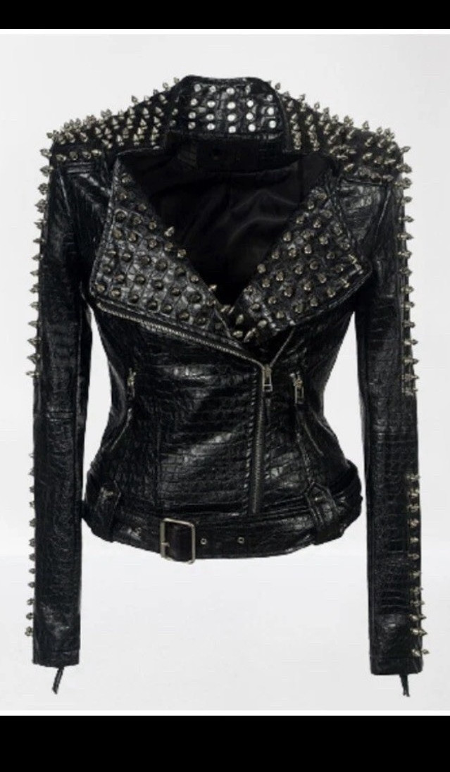 Women’s XL Black Faux Leather Studded Spiked Biker Moto Jacket Belted Zip
