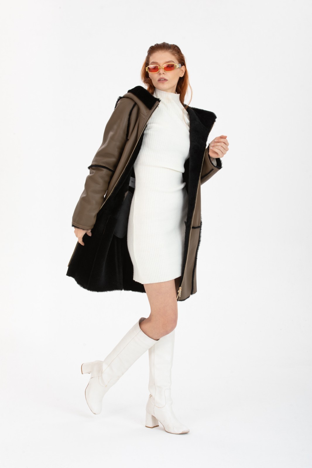 Women’s Brown Shearling Coat Hooded Fur Trim Zip Pockets 90 cm 35″