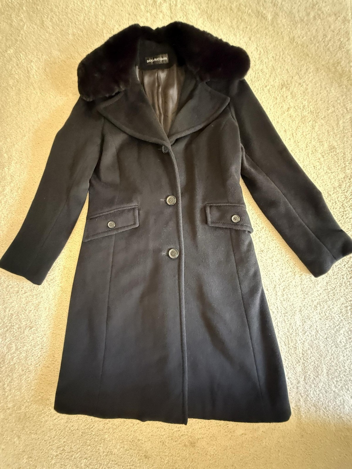 Dana Buchman Coat Womens 8 Black Wool Fur Trim Lined Long Overcoat