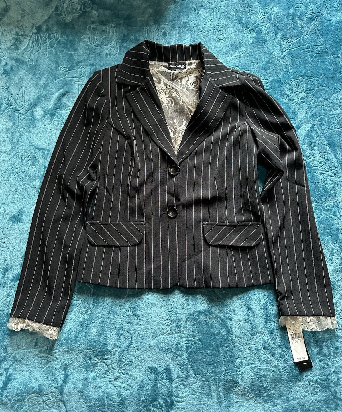 Byerwear Too! Women’s Black/White Pinstripe Blazer 11 Stretch Lace Lined NWT