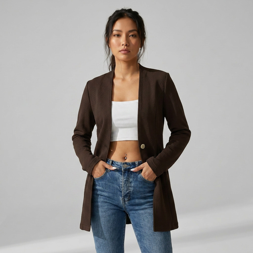 Textured Knit Single-Button Longline Blazer