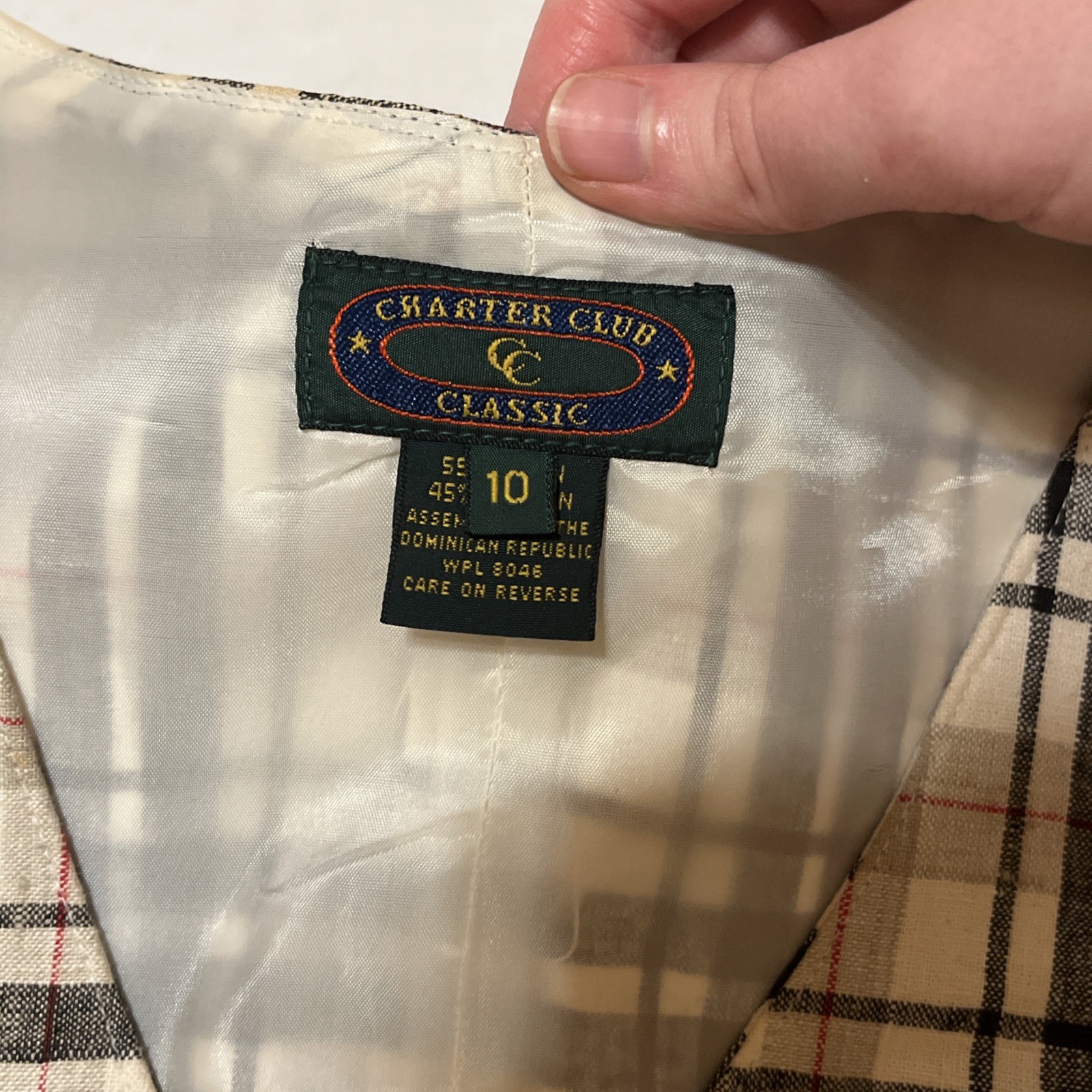 VTG CC Vest Women’s Beige Nova Check Sleeveless Lined Linen Blend