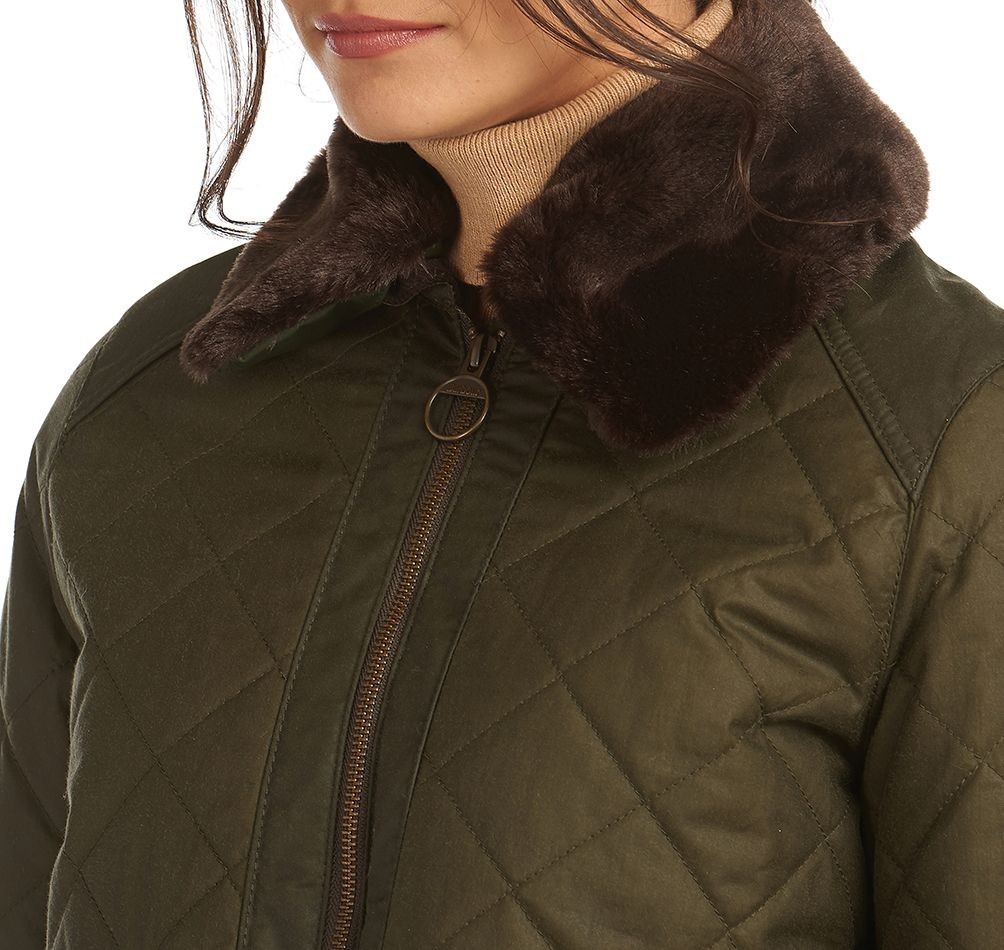 Barbour GLENCOE Green Waxed Quilted Zip Up Faux Fur Collar Bomber JACKET 18