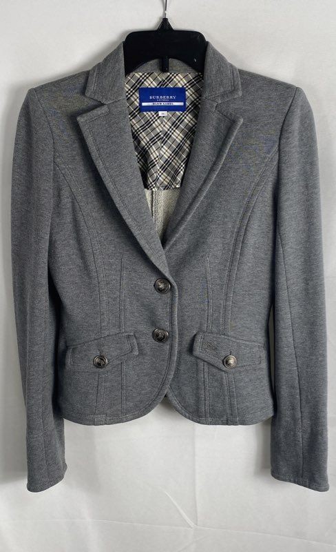 Burberry Blue Label Women’s Gray Logo Button Blazer Jacket Nova Check Sz 38