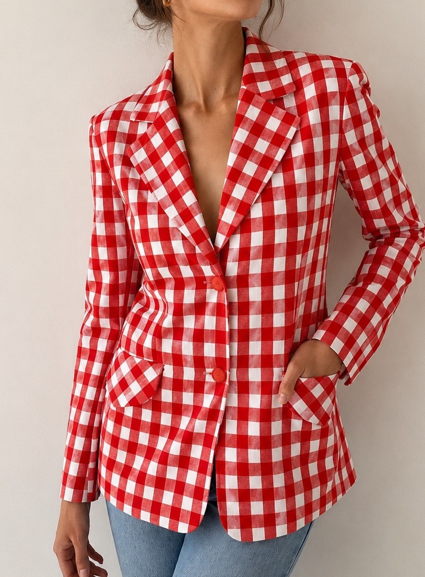 Vintage Red White Gingham Blazer Jacket Retro Cottagecore Picnic Women’s S